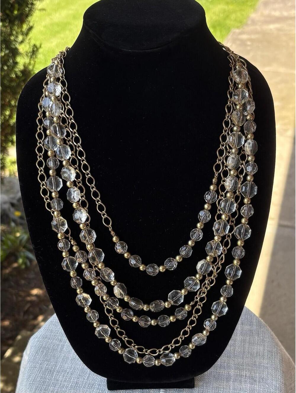 Gold Tone Multi Strand Faceted Crystal Bead Statement Necklace